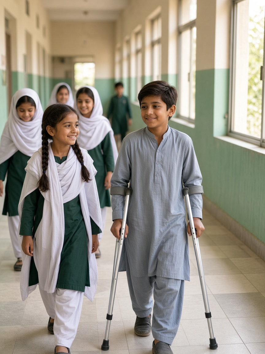 Children walking together in a bright school corridor