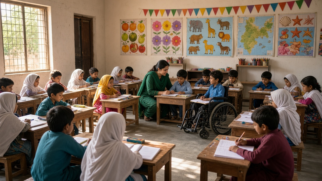 Mixed-ability classroom with teacher helping students