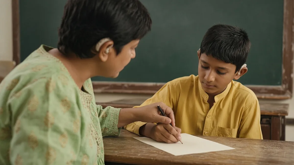 Mixed-ability children learning together with a teacher in a bright classroom