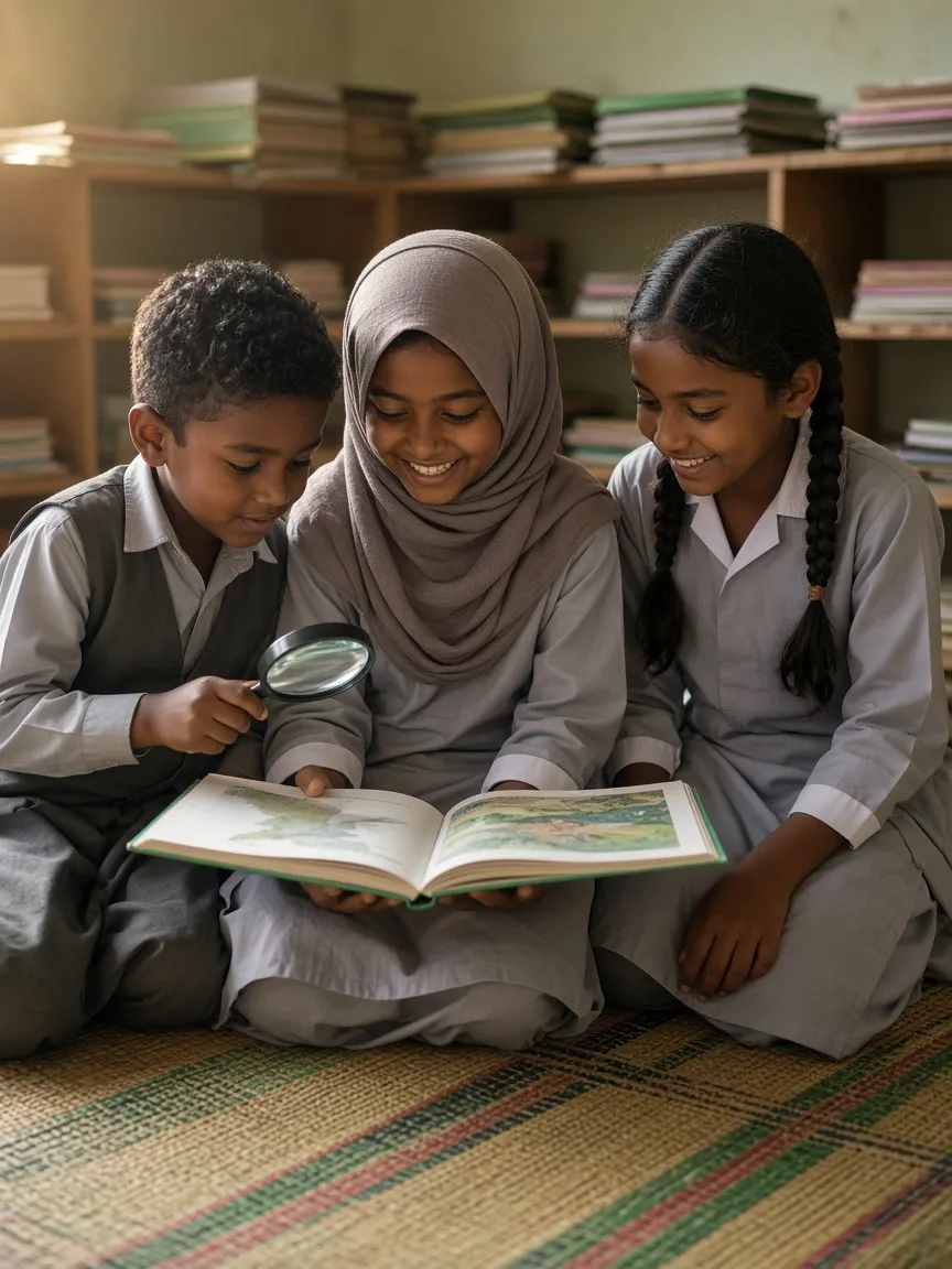 Children reading together on a mat