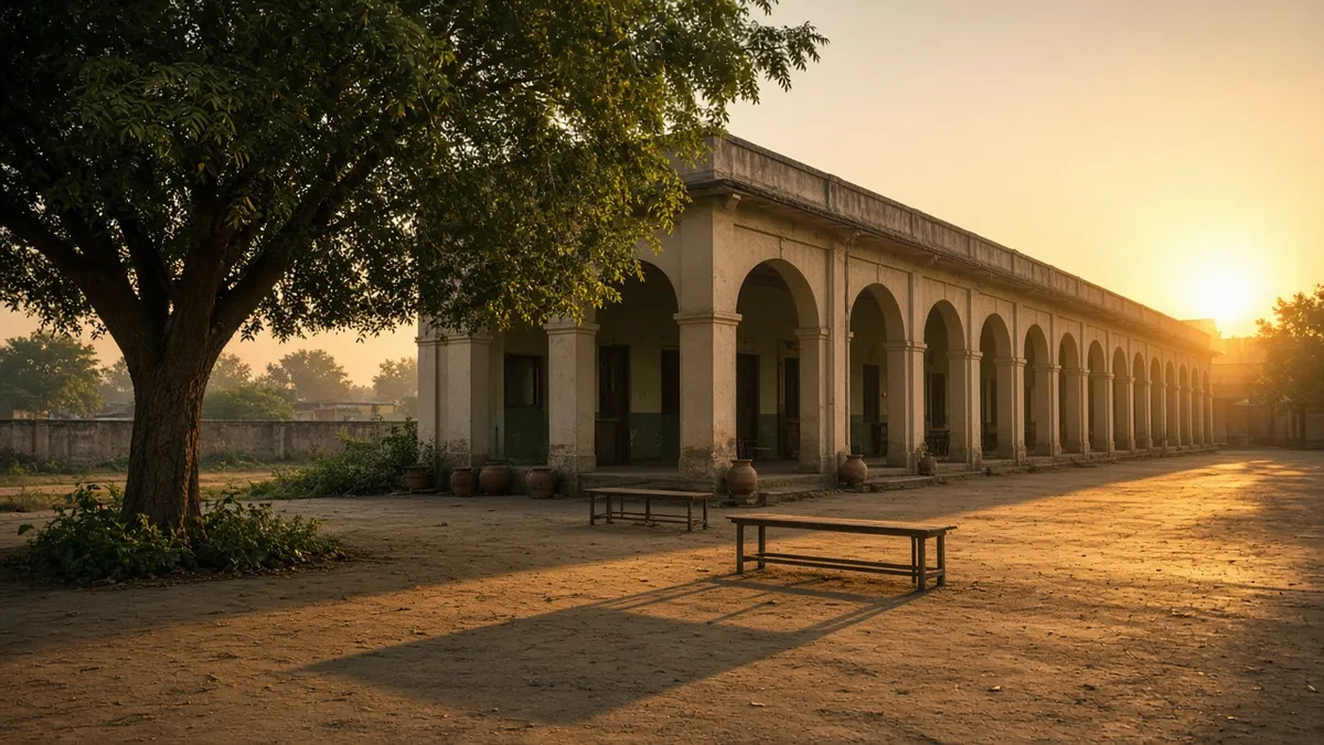 Sunrise over a school courtyard