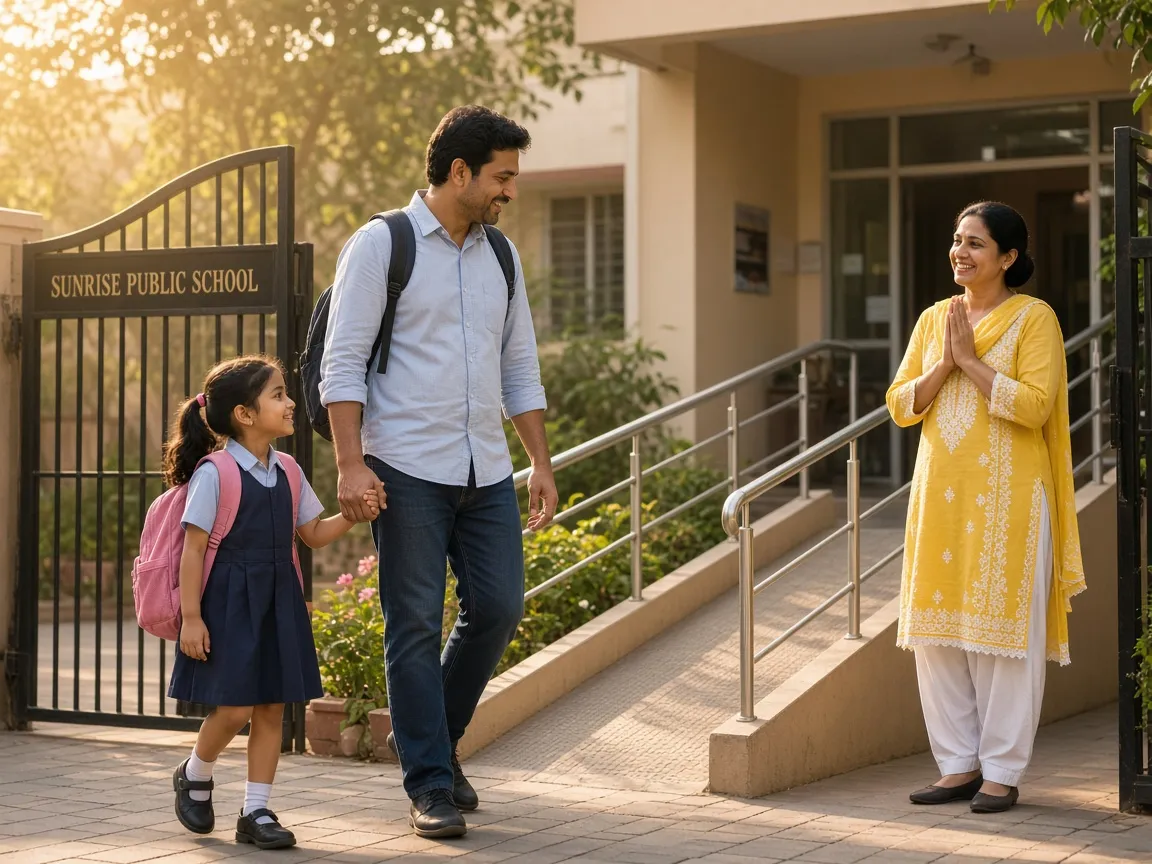 Parent and child at school gate