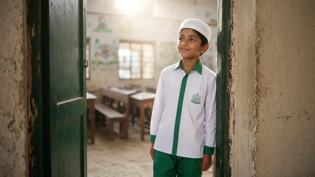 Child entering classroom in new uniform
